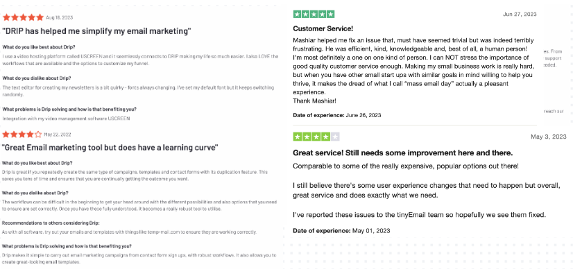 Drip vs TinyEmail: Side-by-side user reviews