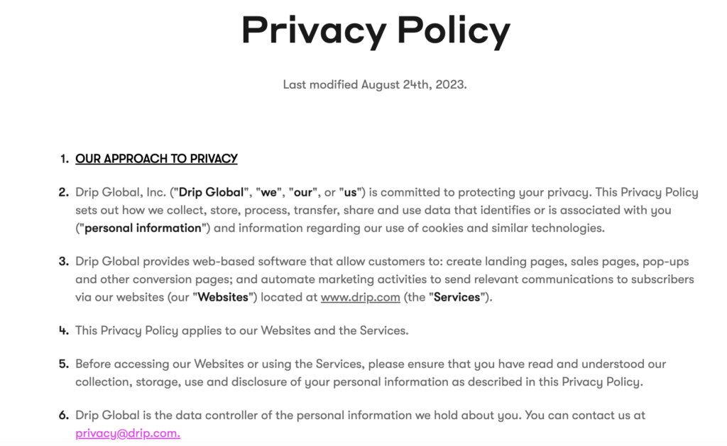 Drip vs TinyEmail: Drip's Privacy Policy