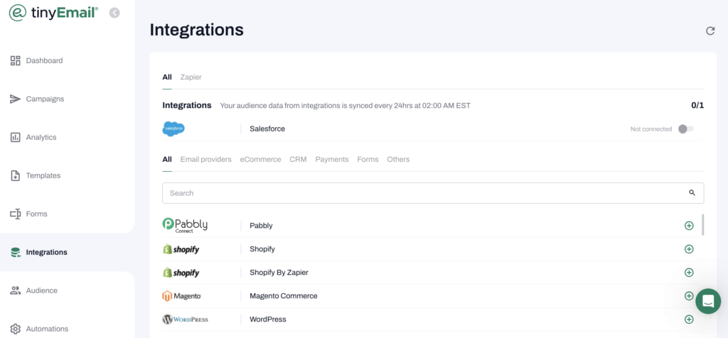 ConvertKit vs TinyEmail: TinyEmail’s integration dashboard