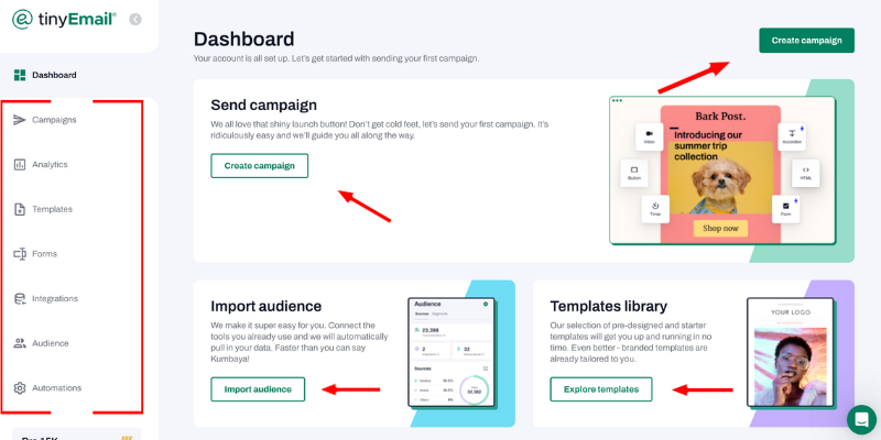 ConvertKit vs TinyEmail: TinyEmail’s dashboard 