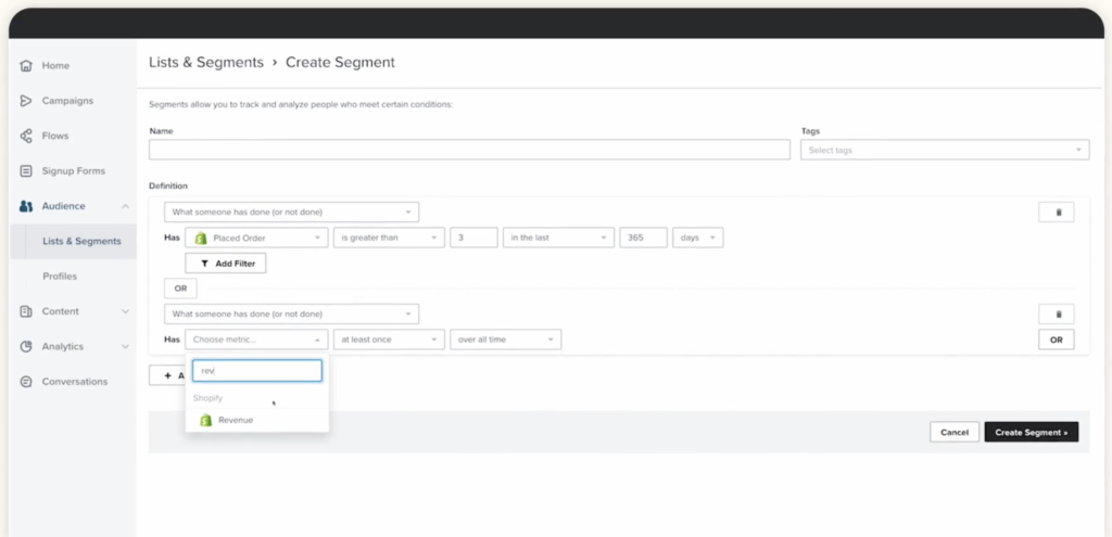 Klaviyo vs TinyEmail: Klaviyo’s segmentation interface